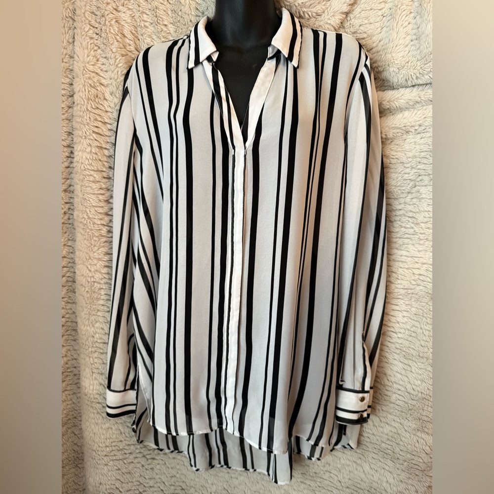 Cato Black and White Vertical Stripe Button-Down Shirt